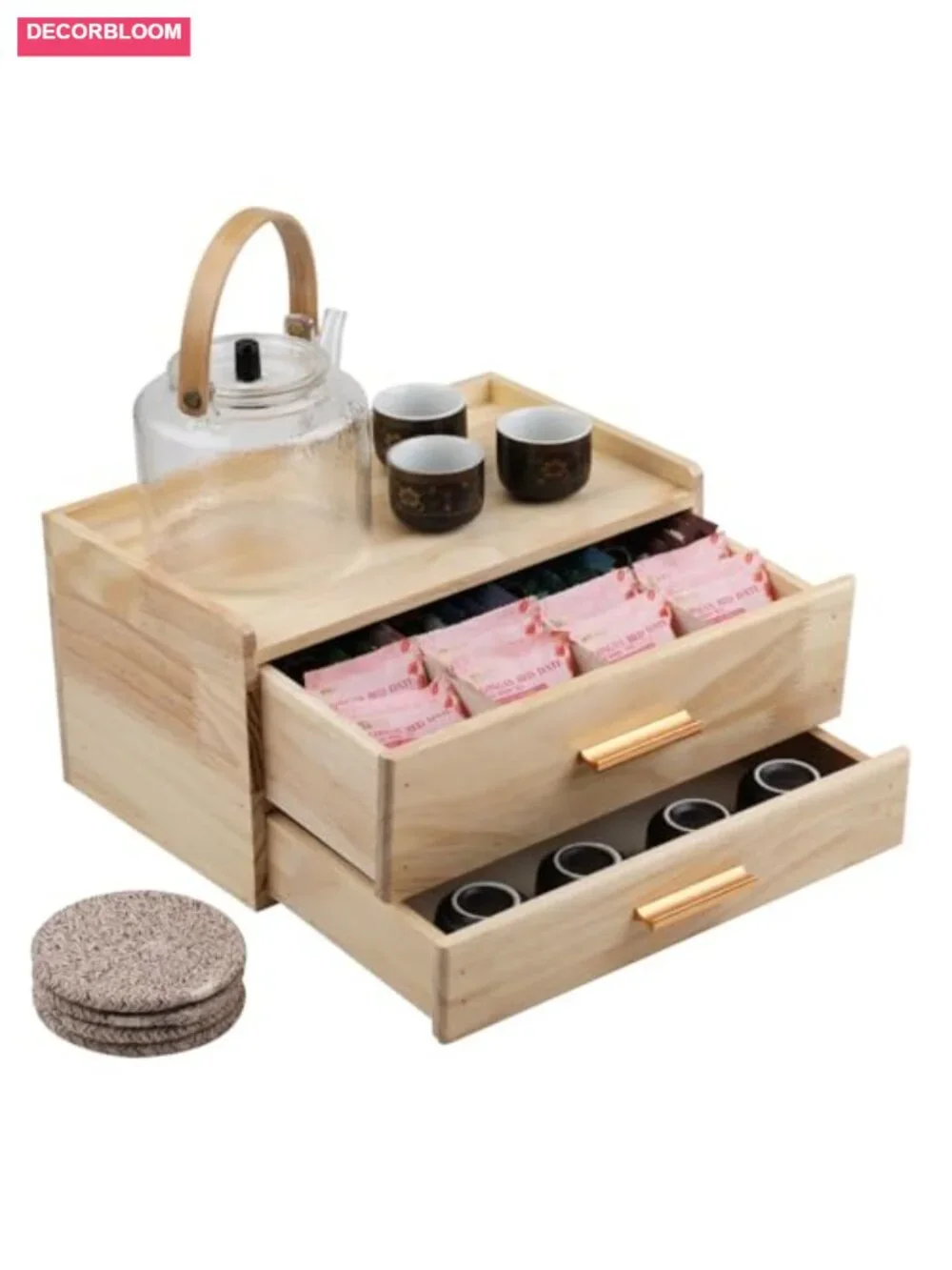 Wooden Tea Organizer with Drawer, 8 Compartments, Tea Bag Holder, Includes